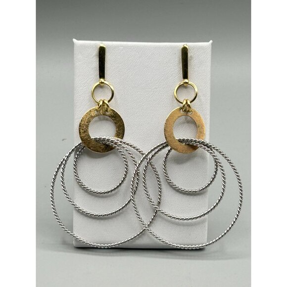 Two Tones Silver Gold Dangles Earrings Intersecting Circles Designer Signed - Picture 2 of 6